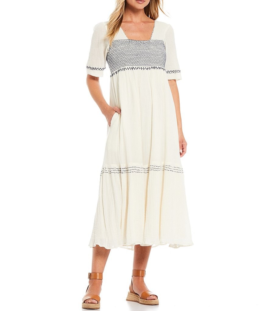 Reba Smocked Contrast Embroidery A-Line Maxi Dress