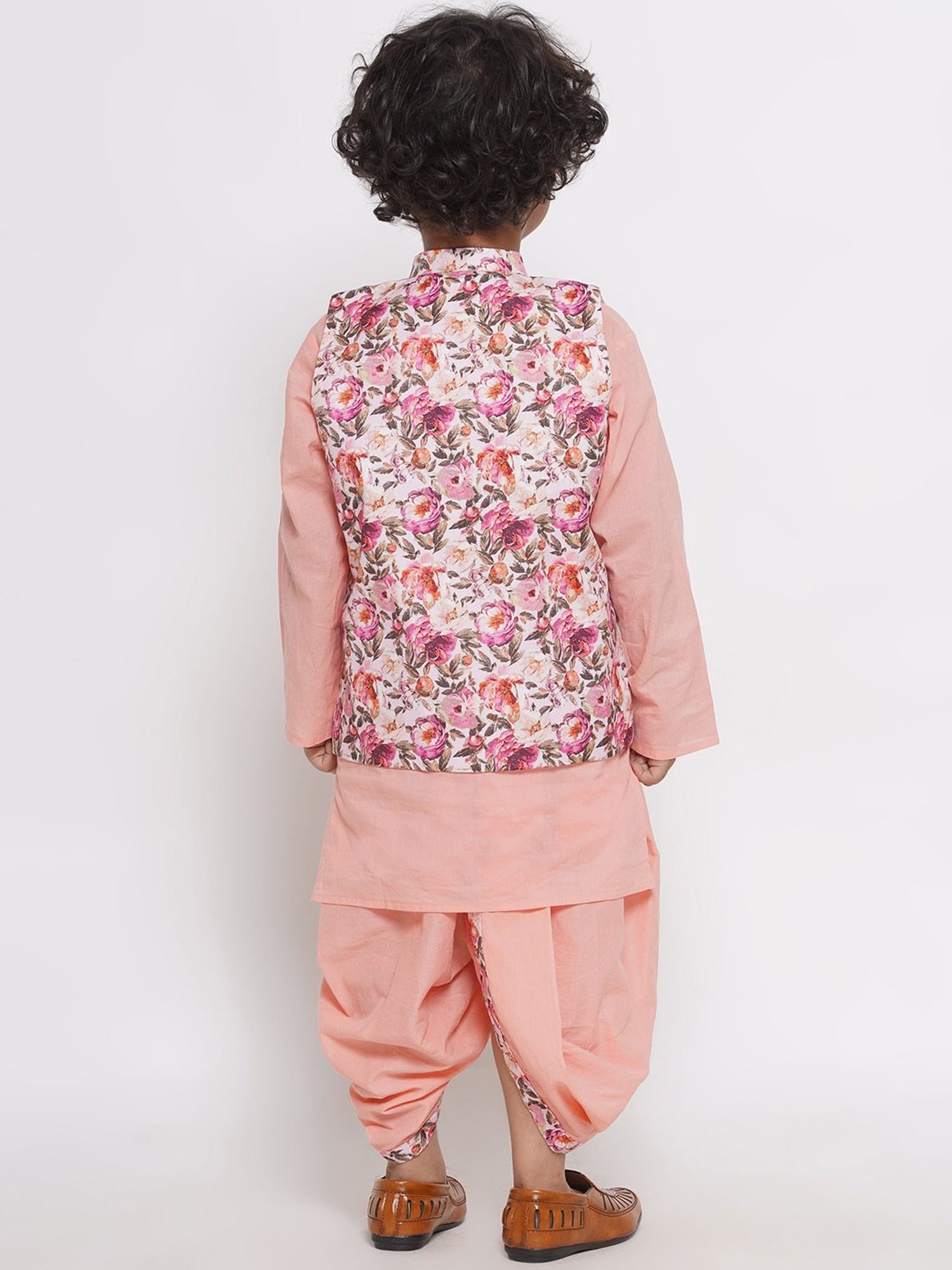 Little Bansi Kids Peach Floral Print Full Sleeves Kurta, Dhoti with Jacket