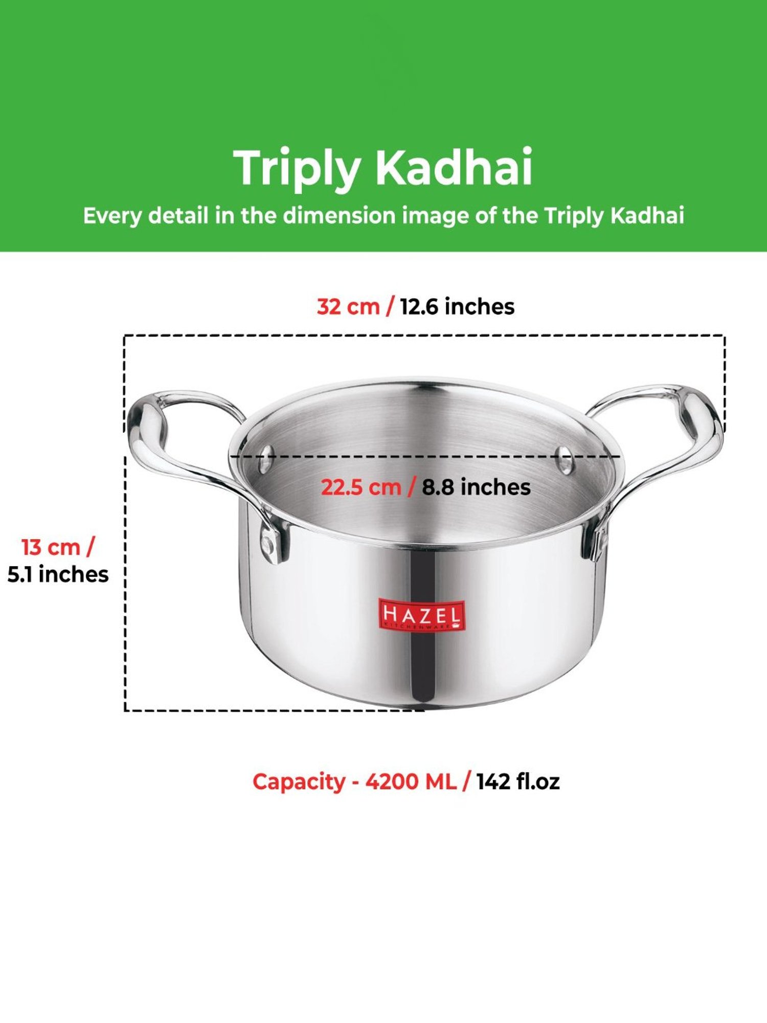 HAZEL Triply Stainless Steel Induction Bottom Tope with Handle, 4.6 Litre, 22.5 cm