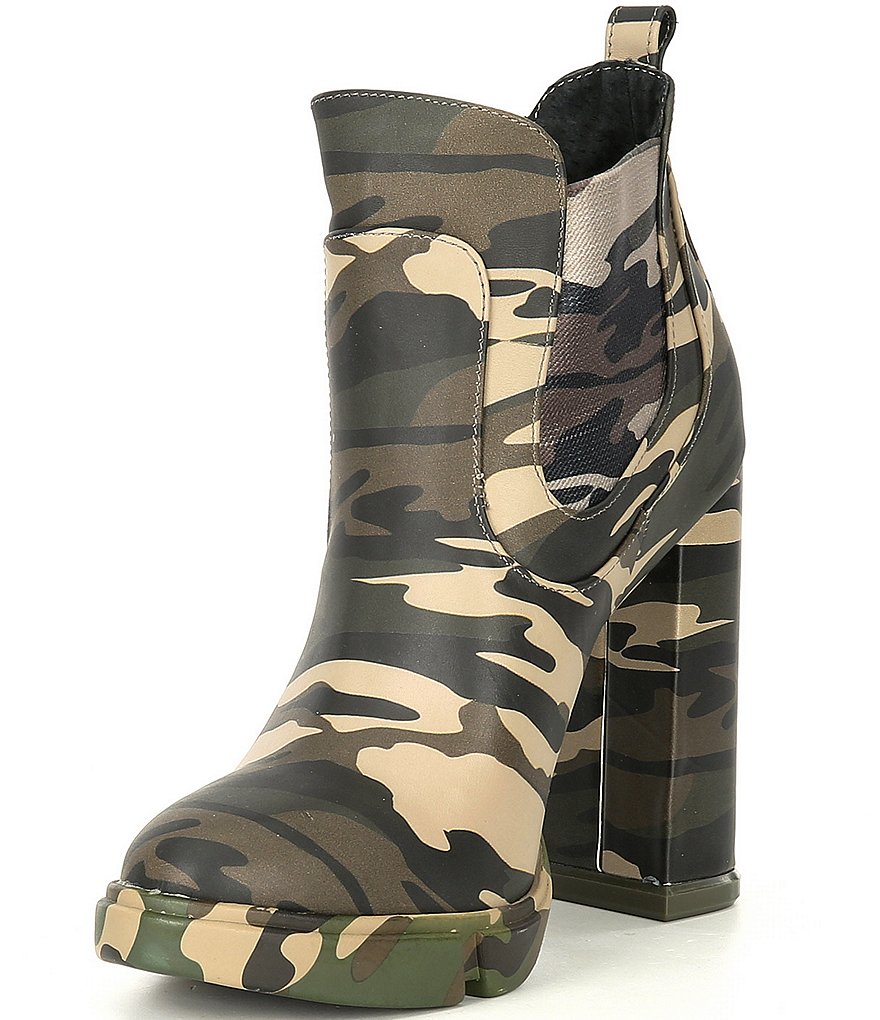 GB Dra-Matic Camo Gore Platform Lug Sole Block Heel Chelsea Booties
