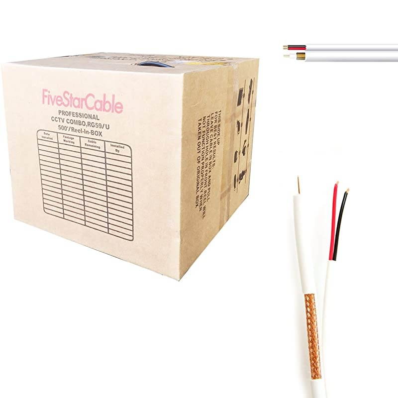 Cable 500 ft. RG59 Siamese CCTV Combo Coaxial Cable - 20AWG RG59 Video + 18/2 18AWG Power for Surviellance Security System (500 Ft, White)