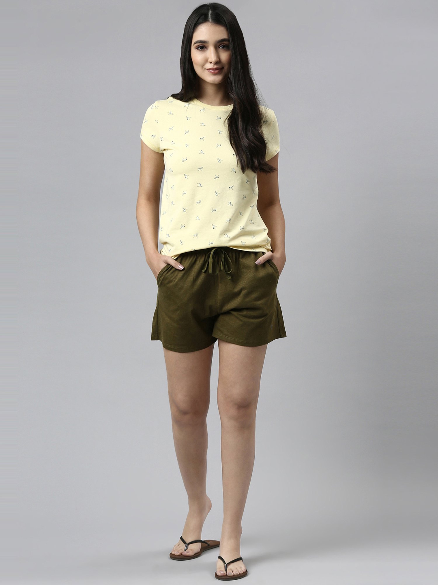 Enamor Banana Yellow Cotton Printed T-Shirt