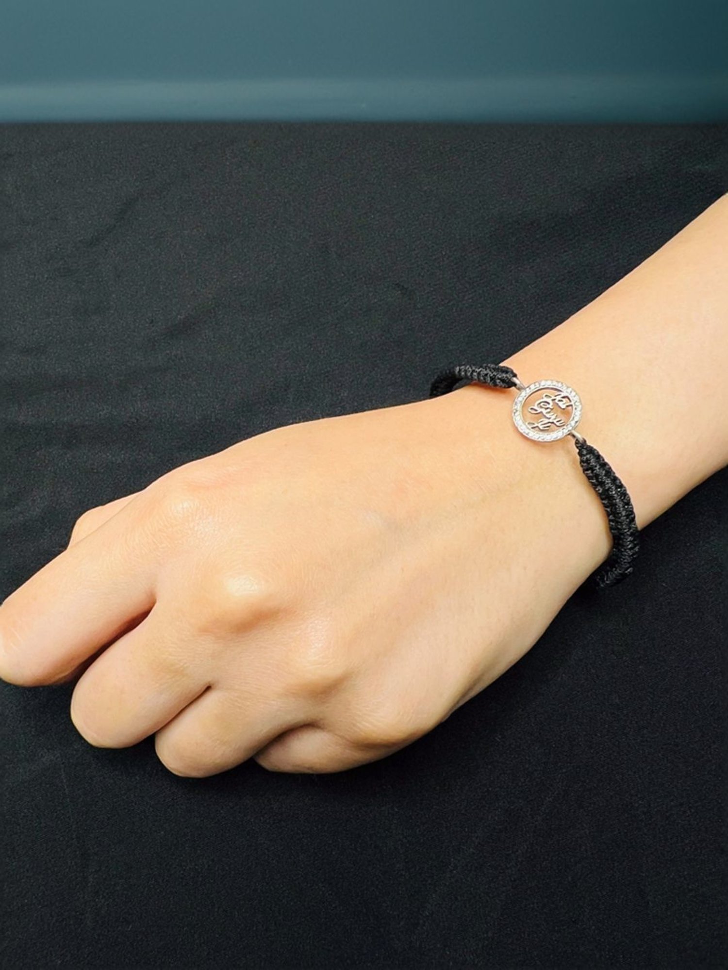 Arte Jewels 925 Silver Jai Guru Ji Initial Black Thread Adjustable Zirconia Bracelet for Women/Girls