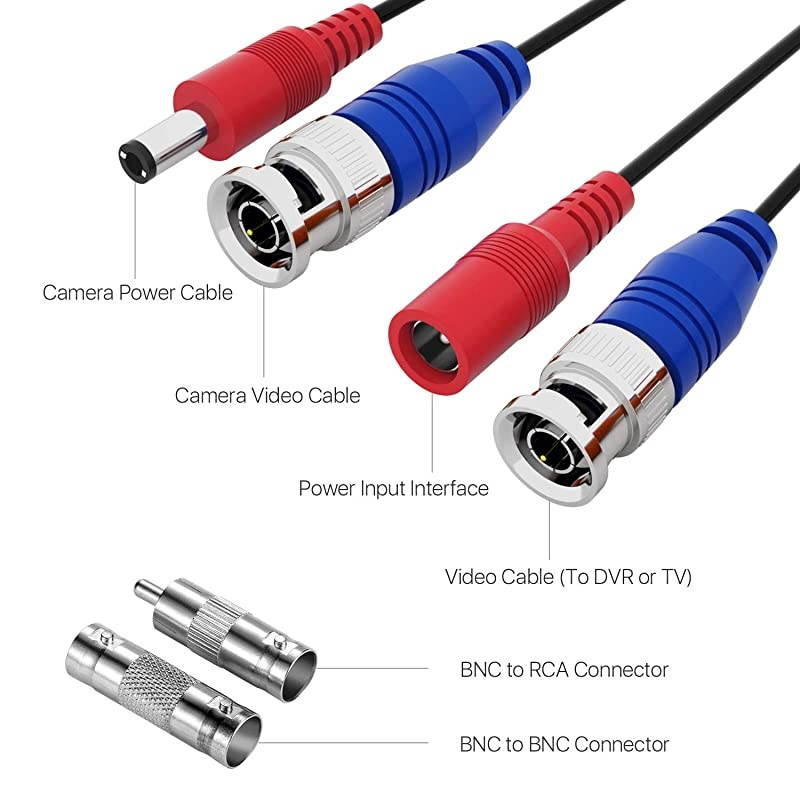4 Pack 100ft 30 Meters 2in1 Video Power Cable BNC Extension Surveillance Camera Cables for Video Security Systems Included 4X BNC Connectors and 4X RCA Adapters