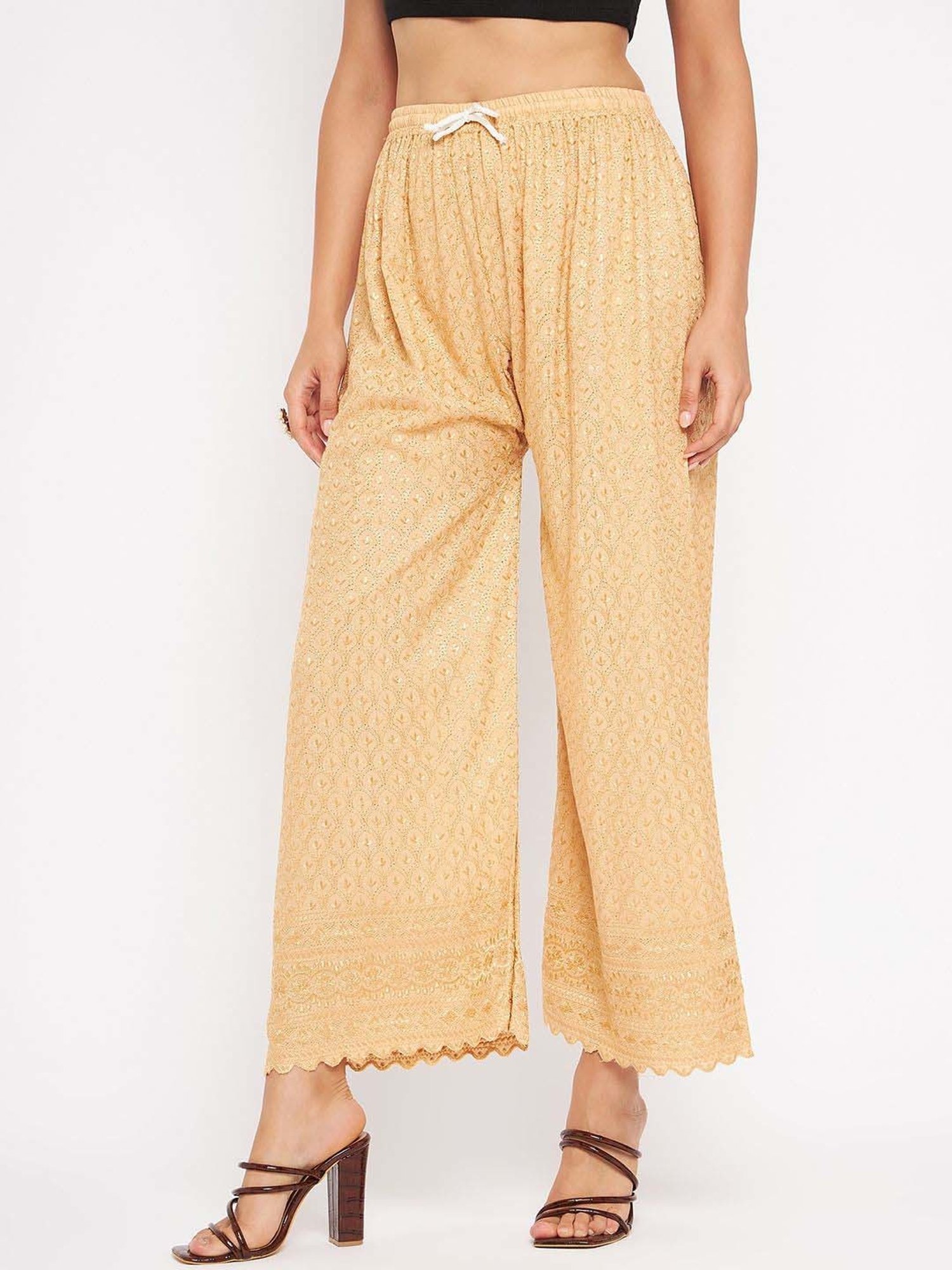 Castle Beige Embroidered Palazzos