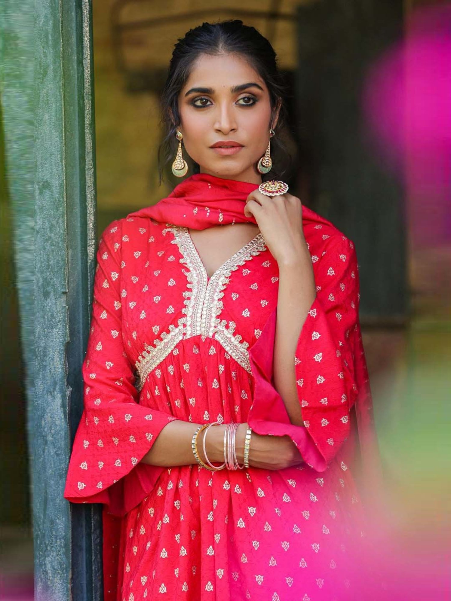 SCAKHI Red Cotton Embellished A-Line Dress With Dupatta
