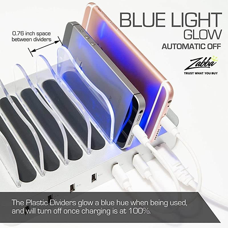 Charging Station for Multiple Devices Silver 6 Short Mixed Cables Included for Cell Phones Smart Phones Tablets and Other Electronics Multi Charger Organizer Docking Station