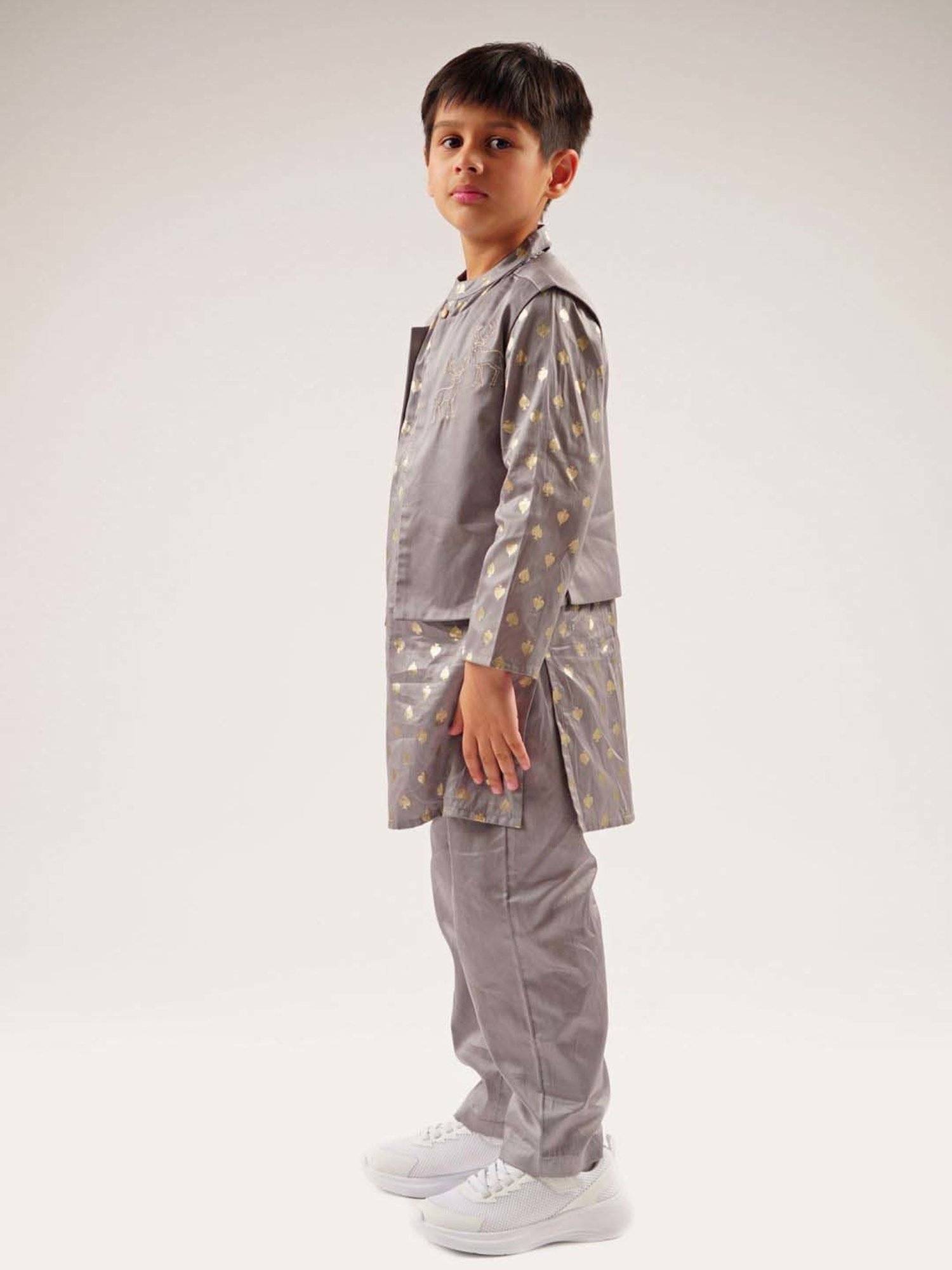 Lil Drama Kids Grey Cotton Embroidered Full Sleeves Kurta Set