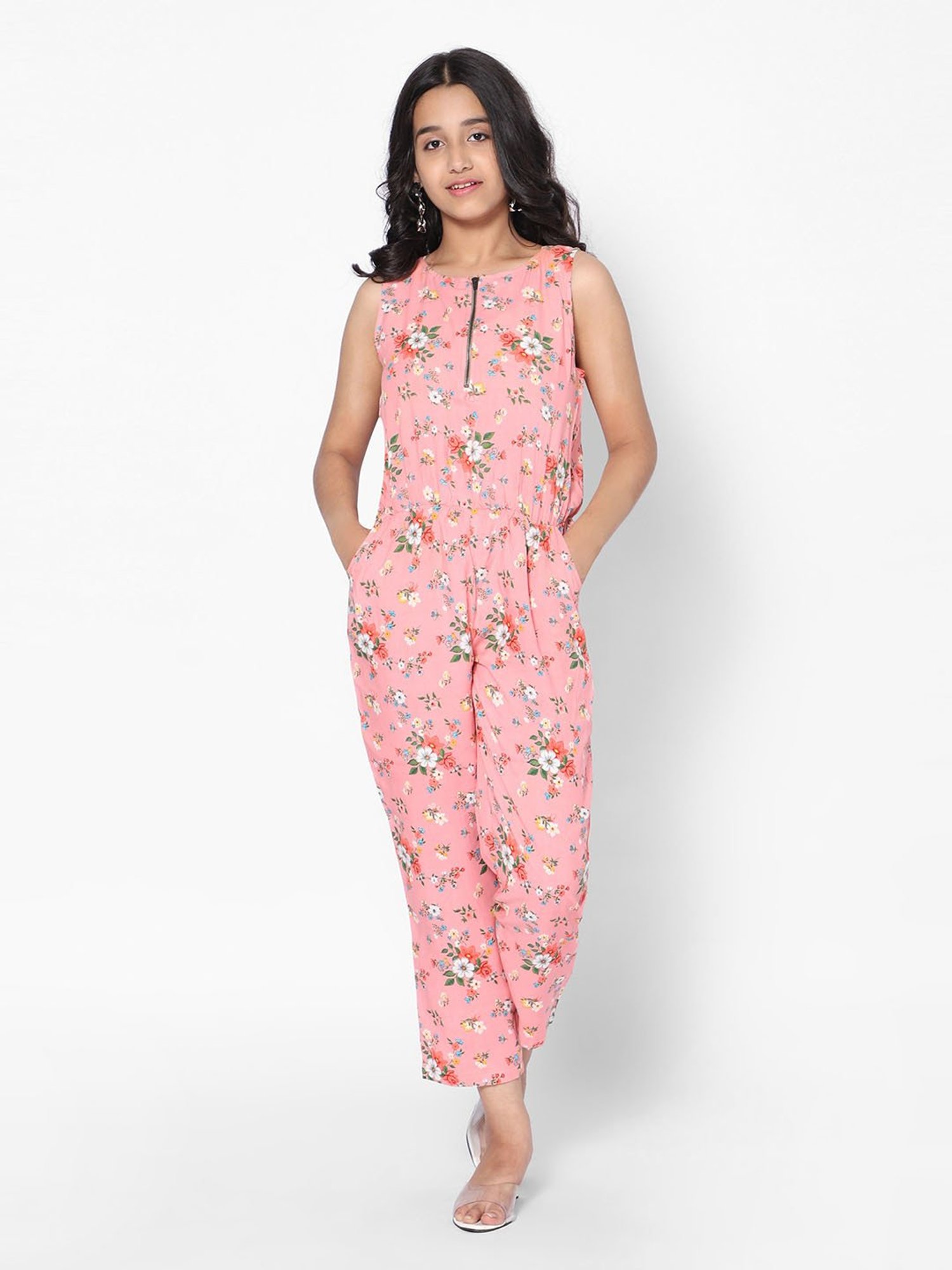 TeenTrums Girls Pink Floral Print Jumpsuit