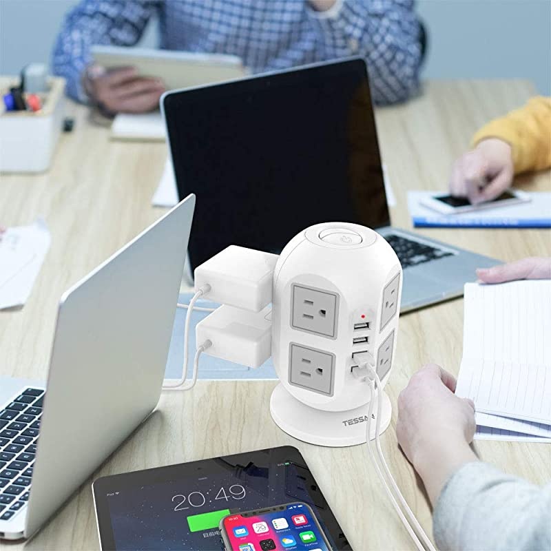 Power Strip Tower  Surge Protector 8 AC Outlets with 4 USB Ports Charging Station Long Extension Cord 10 Feet, Widely Spaced Multi Outlets, Circuit Breaker Safeguard for Home Office Dorm Room