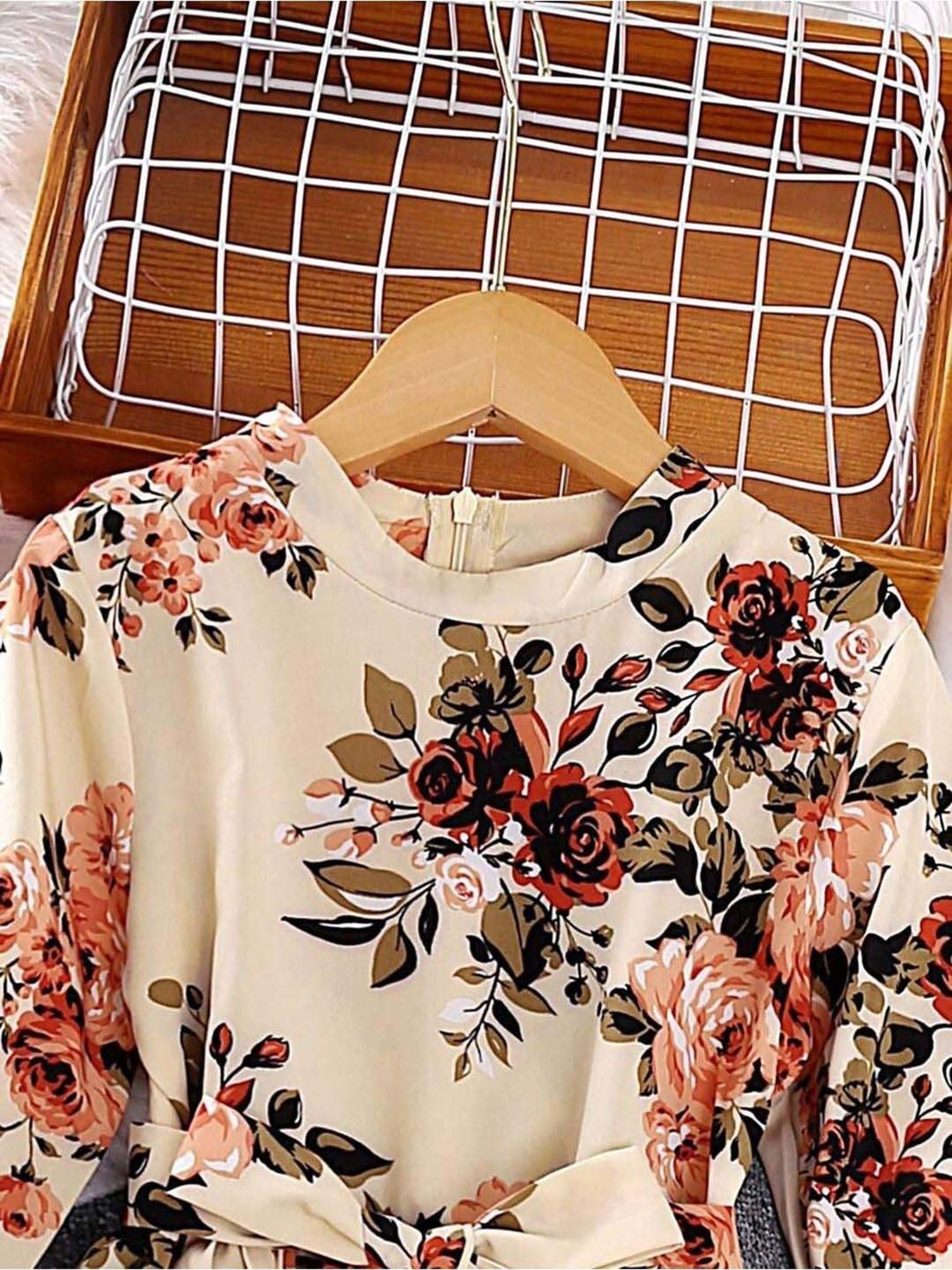 Bolly Lounge Girls Beige & Brown Floral Full Sleeves Dress