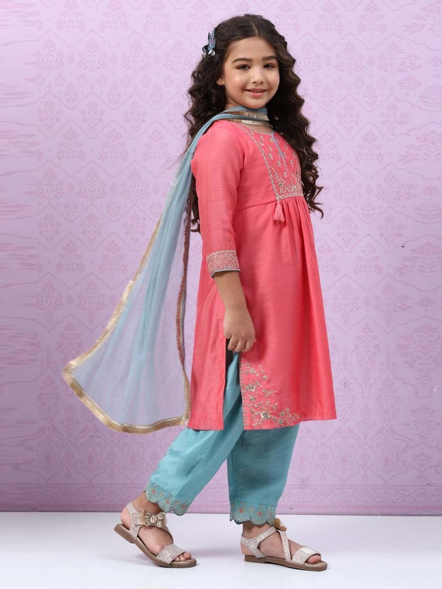 Biba Kids Peach & Blue Embroidered Kurta Set