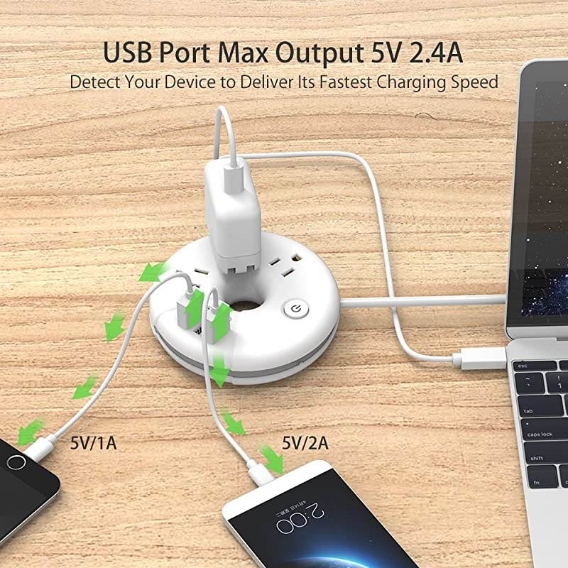 Travel Power Strip  3 Outlets 3 USB Portable Desktop Charging Station Short Extension Cord 15 inch for Office Home Hotels Cruise Ship Nightstand White
