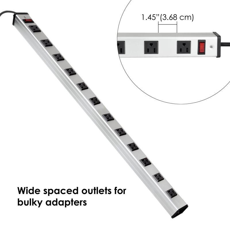BESTTEN Heavy Duty Metal Surge Protector Power Strip, 12 Wide-Spaced Outlets with 12ft Long Extension Cord, 15A/125V/1875W, 450 Joules, ETL Listed, Silver
