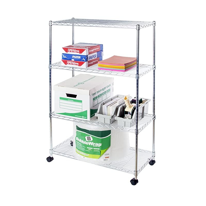 4-Tier Steel Wire Shelving with Wheels, 30" W x 14" D x 48" H, Plated