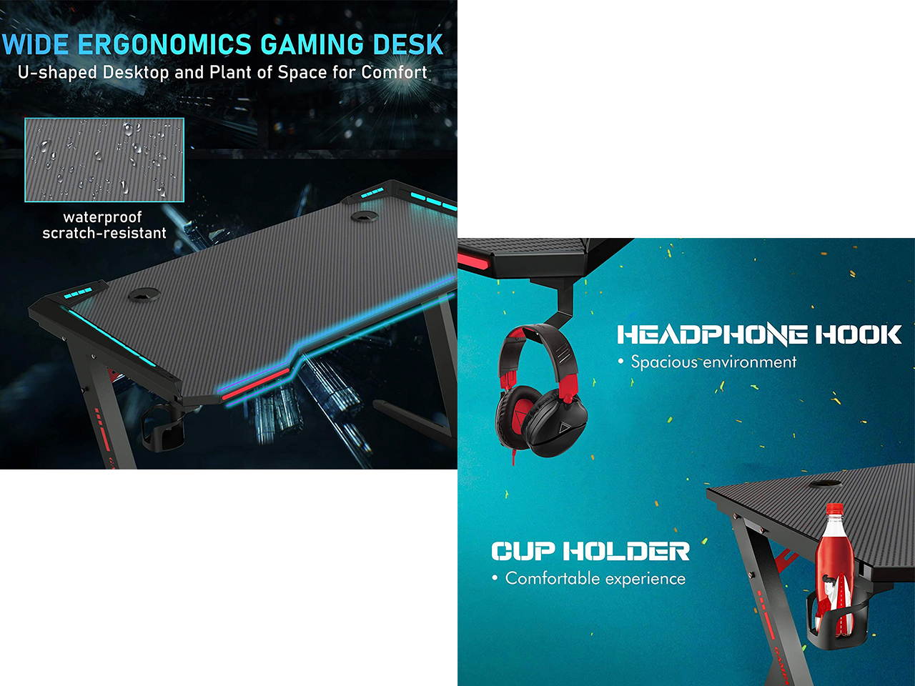 Gaming Desk, 55 Inch Gaming Table, PC Computer Workstation with LED RGB Lights, Headphone Hook and Cup Holder for Home, Black