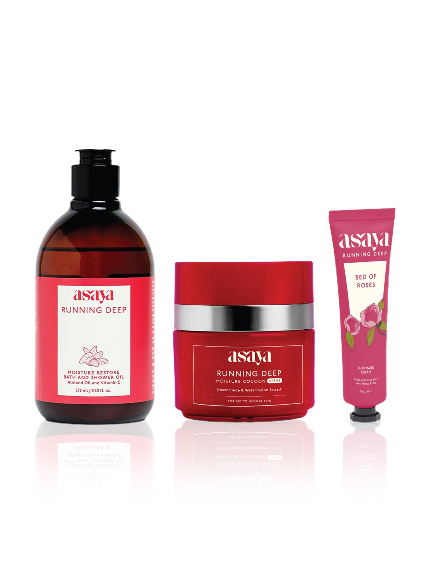 Asaya Moisture Cocoon Creme, Bath and Shower Oil & Lush Hand Cream Trio