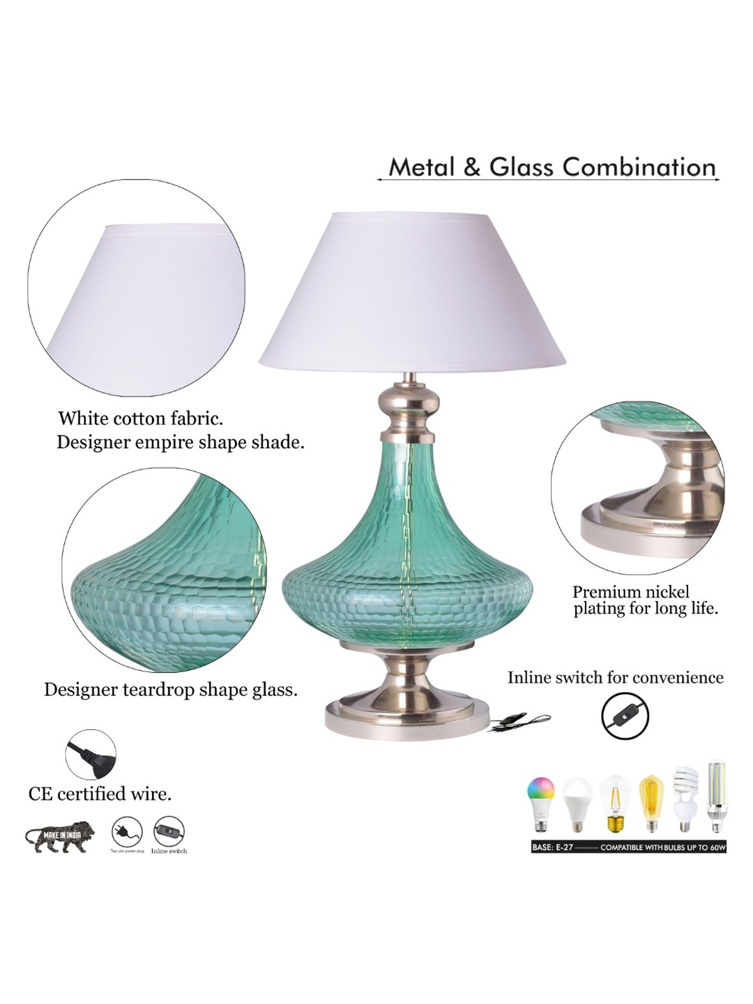 Kapoor E Illuminations Marcella Green Glass Table Lamp - Set of 1