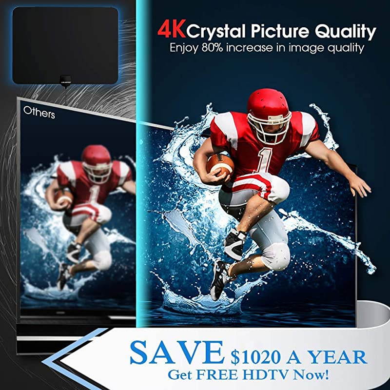 AntennaIndoor Amplified Digital HDAntenna 90120 Miles Range 4K 1080P HD VHF UHF for Local Free Local HD Channels 18 FT Coax Cable