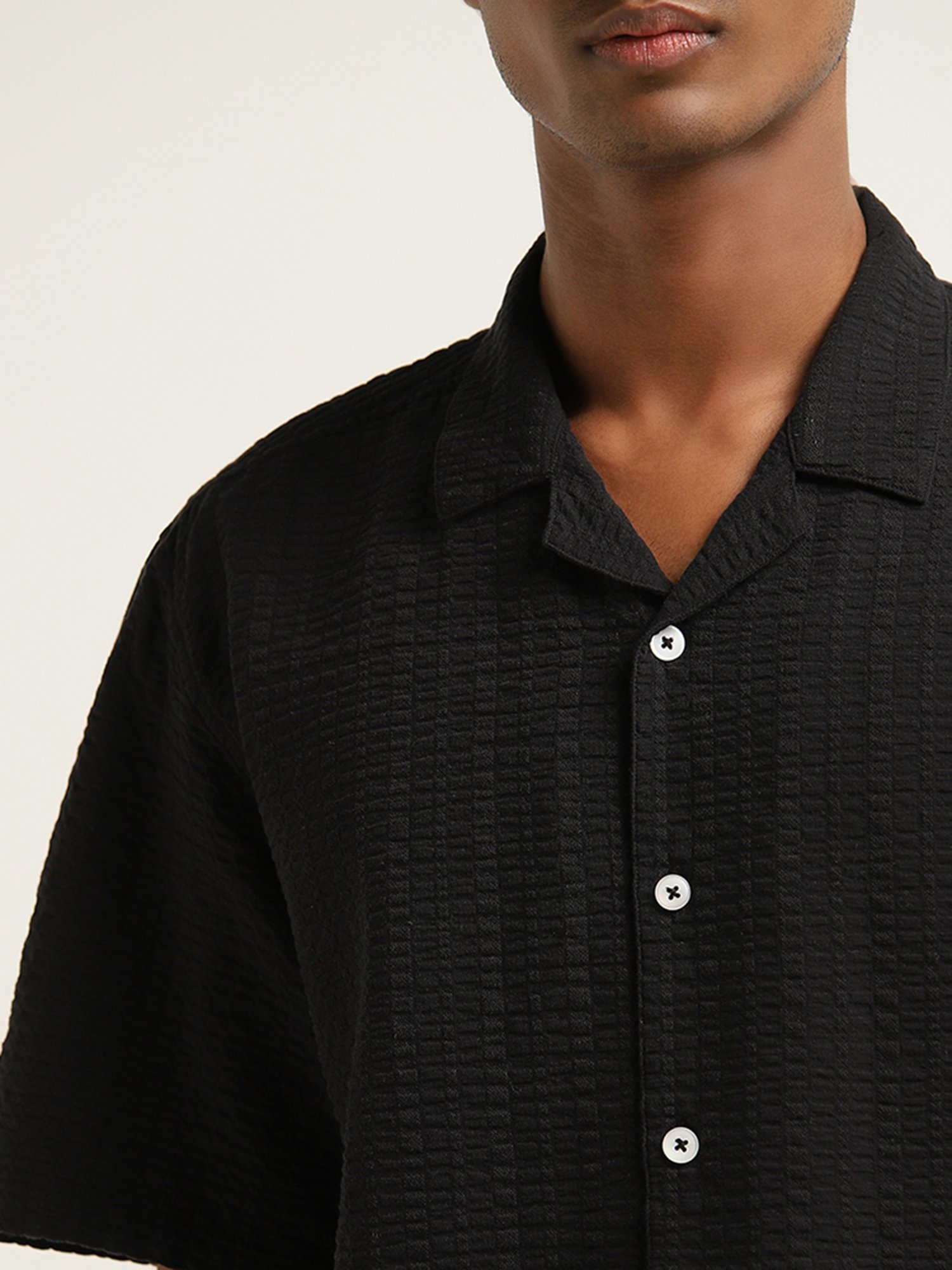 ETA by Westside Black Seersucker Relaxed-Fit Cotton Blend Shirt