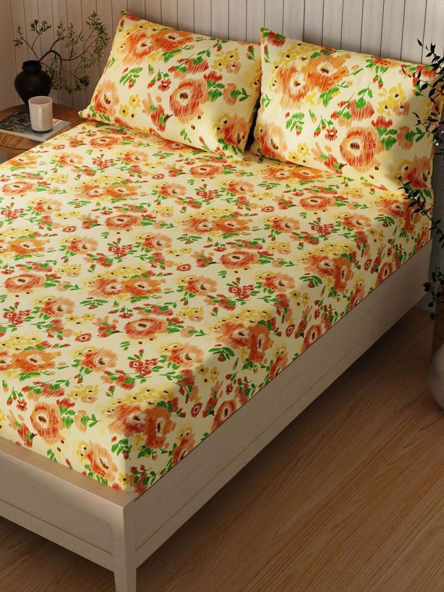 BIANCA Lopez Yellow & Orange Cotton 120 TC Kopa Extra Smooth Double Bed Sheet With Pillow covers