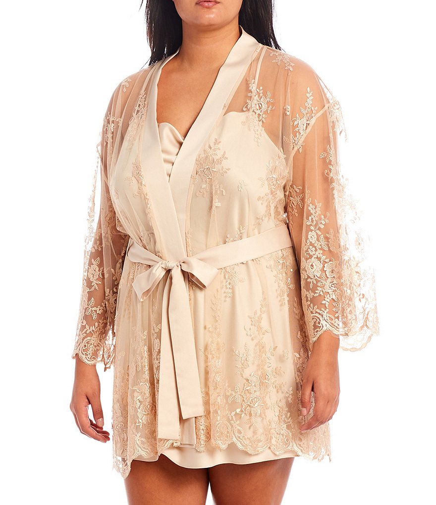 Rya Plus Allover Lace Short Wrap Banded Collar 3/4 Sleeve Robe
