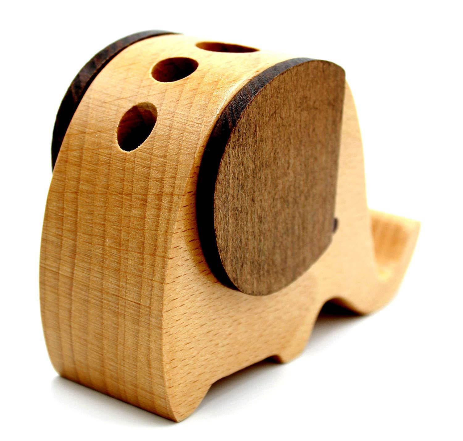 Elephant Shape Wooden Desk Pen Stand/Holder with Mobile/Cell Phone Holder, Perfect Office Desktop Organizer Comes with One Beautiful Design Wooden Pen - by Crystal Collection