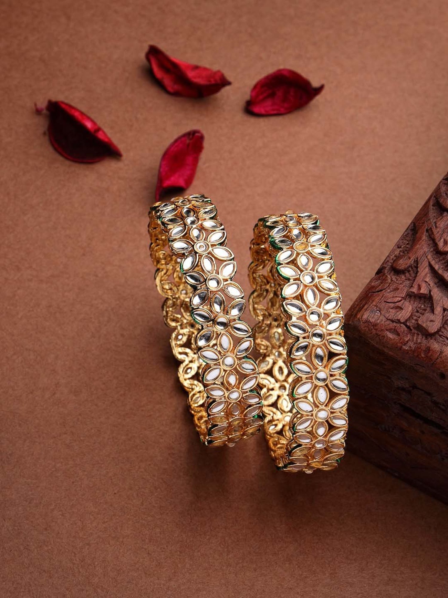 NVR Women Set Of 2 Gold Plated Kundan Studded Bangles