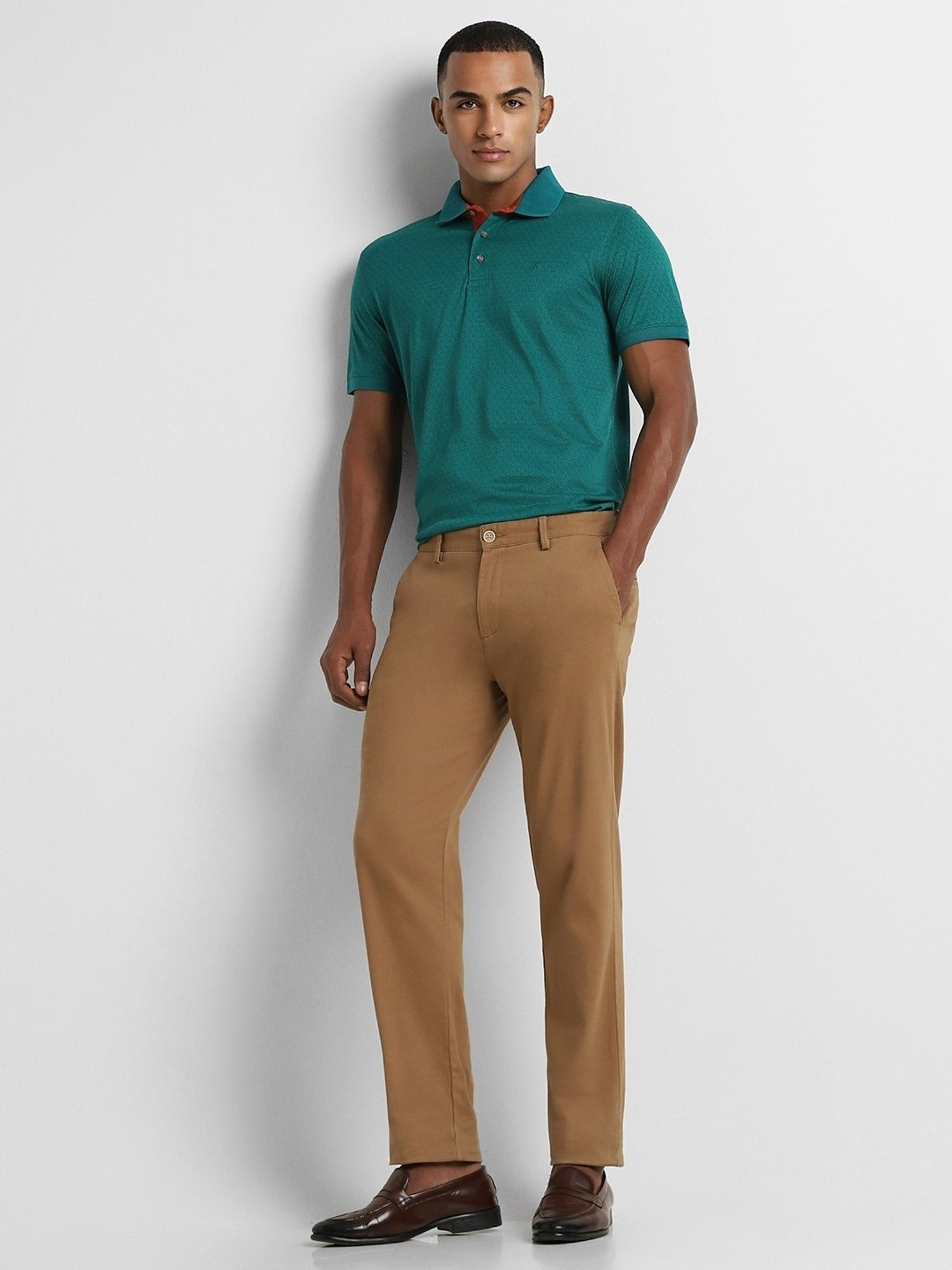 Peter England Green Cotton Slim Fit Printed Polo T-Shirt