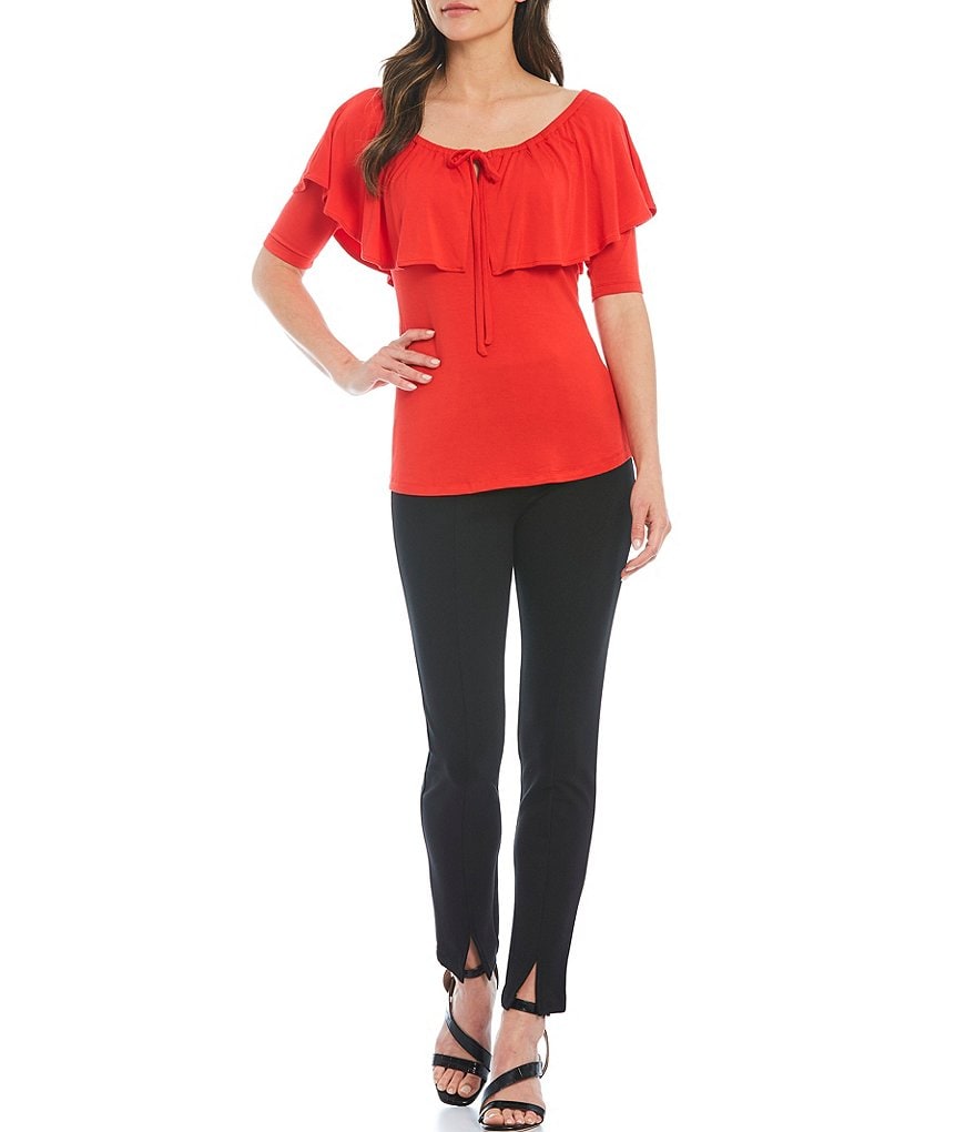 Donna Karan New York Jersey Tie Front Convertible Off-the-Shoulder Short Sleeve Tier Top