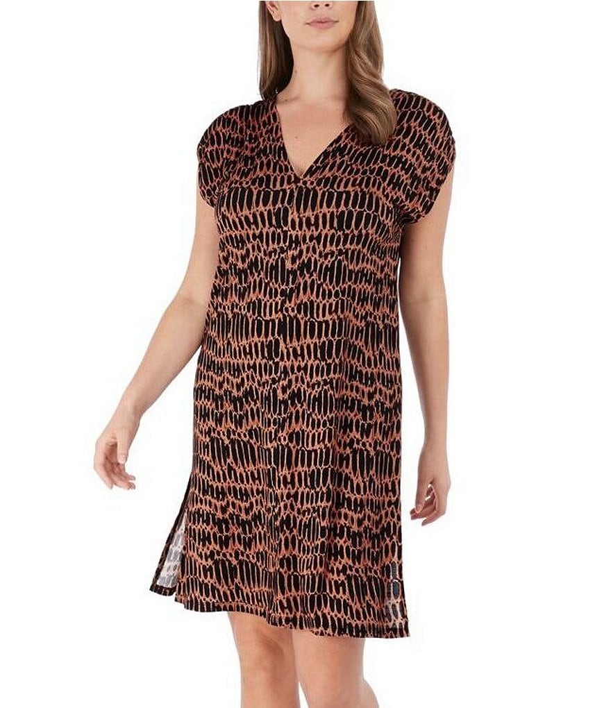 Tommy Bahama Midnight Orchid Tropical Print Scoop Neck Ruffle Hem Spa Dress