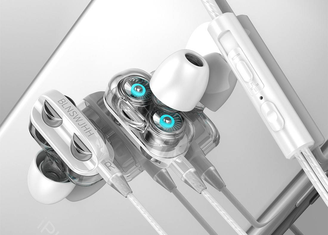 New in-ear earphones, dual dynamic coils and dual speakers are suitable for most smart phone headsets with wire-controlled tuning