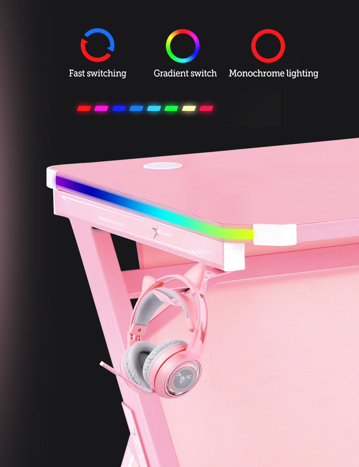 E-WIN&reg; 2.0 Edition RGB Gaming Desk with RGB Lights, Smart Wireless Charger, USB Port, Controller Stand And Cup Holder