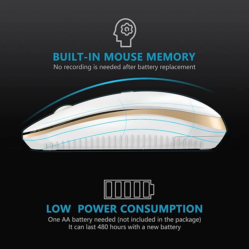2.4GHz Wireless Bluetooth Mouse,  Dual Mode Slim Wireless Mouse with 2400 DPI Compatible for PC, Laptop, Mac, Android, Windows (White and Gold)