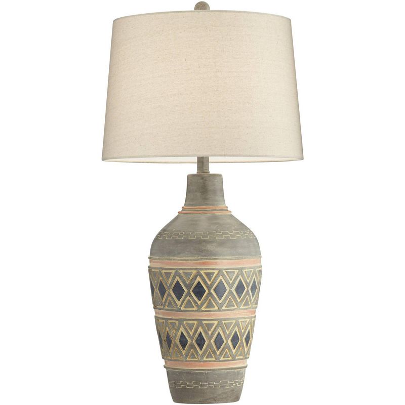 John Timberland Rustic Table Lamp Southwest Style Pattern Oatmeal Fabric Drum Shade for Living Room Bedroom Bedside Office Family