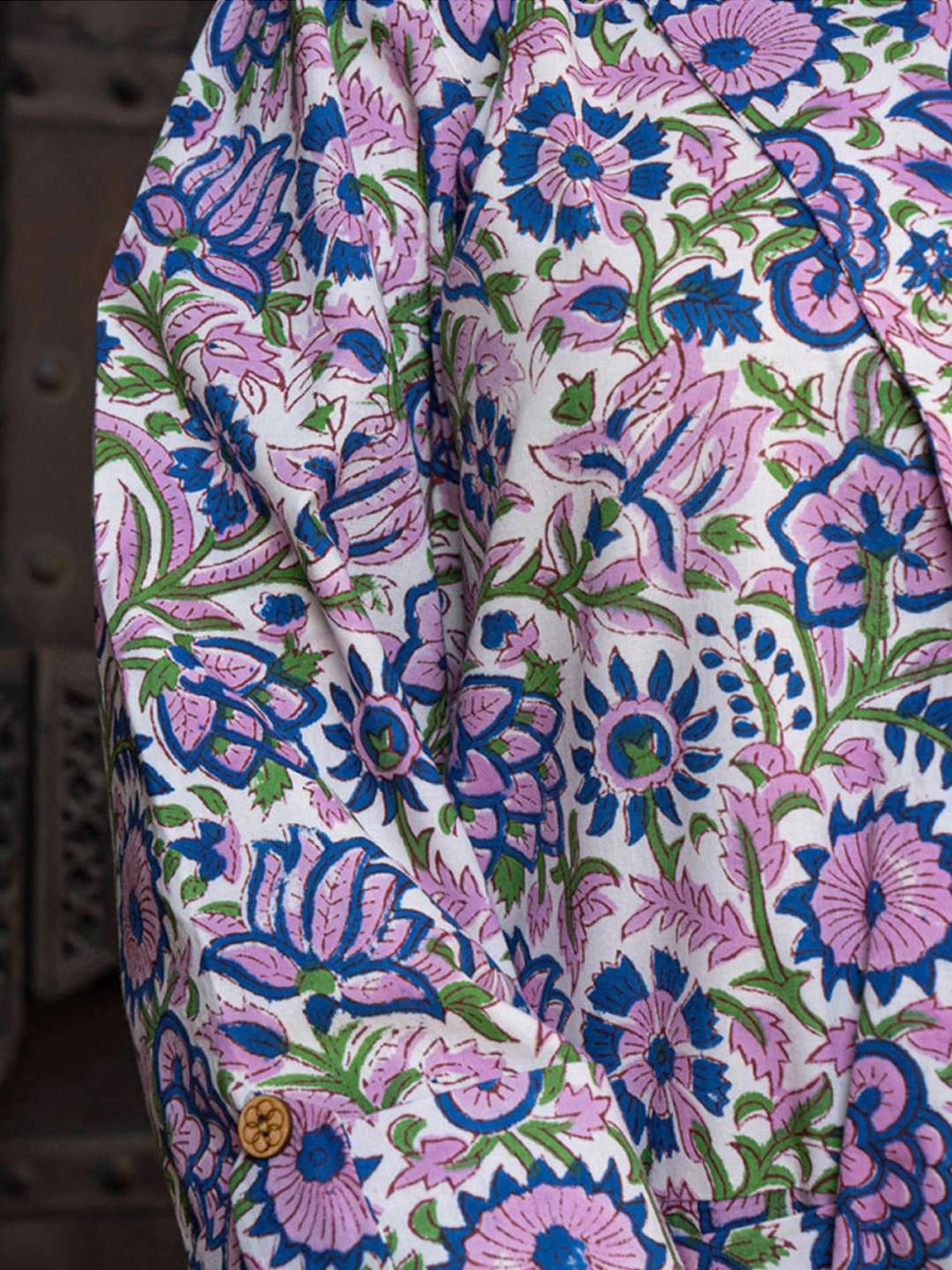 Eeshva India White Floral Hand Blocked Blazer with Pant In Cotton