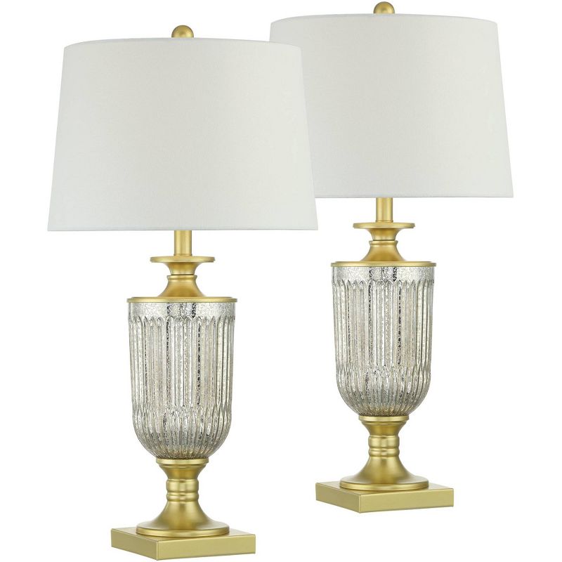 Regency Hill Mid Traditional Glam Style Table Lamps Set of 2 Pedestal Gold Ribbed Glass White Drum Shade Living Room Bedroom House