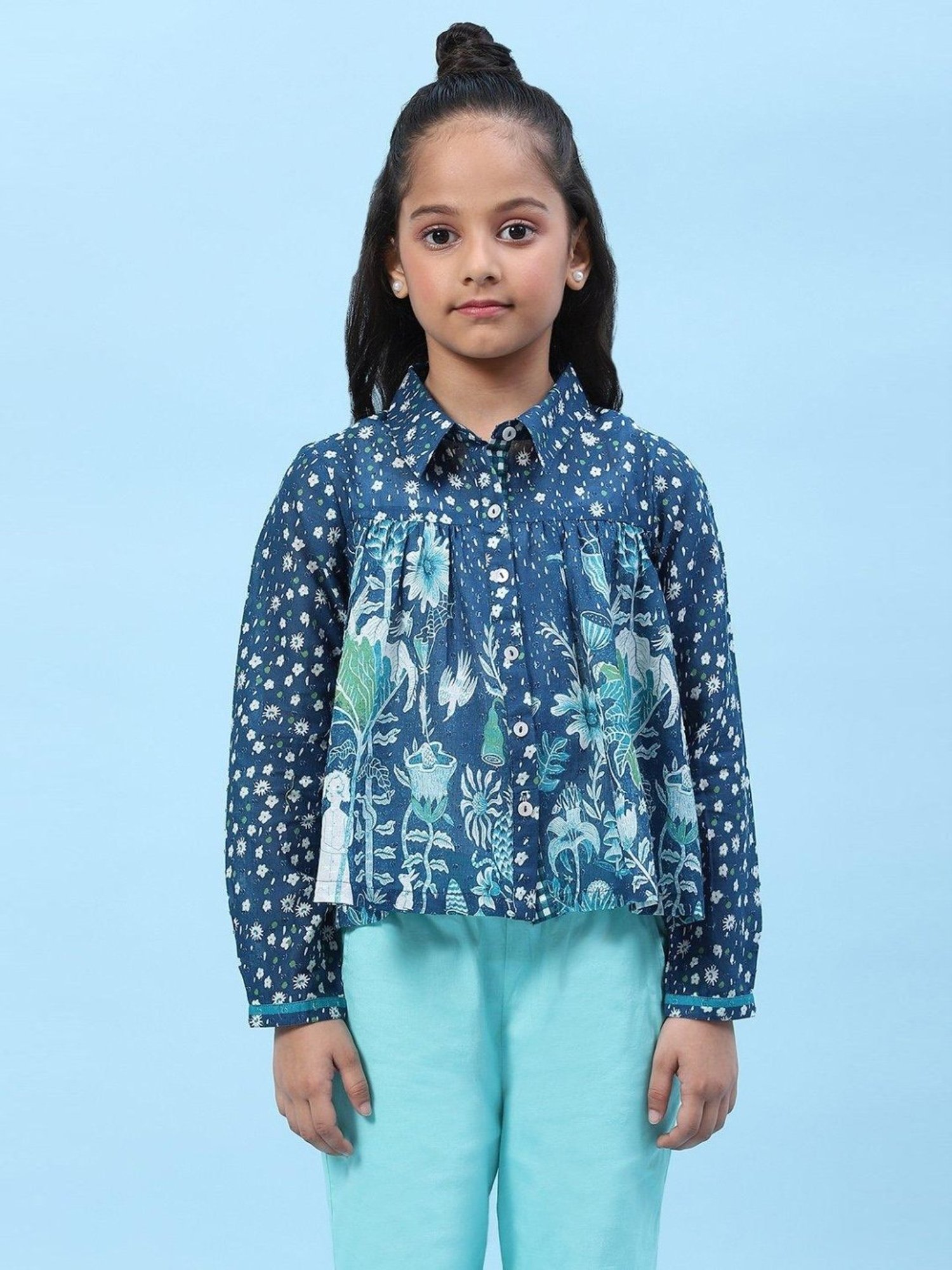 Biba Kids Blue Cotton Floral Print Full Sleeves Shirt