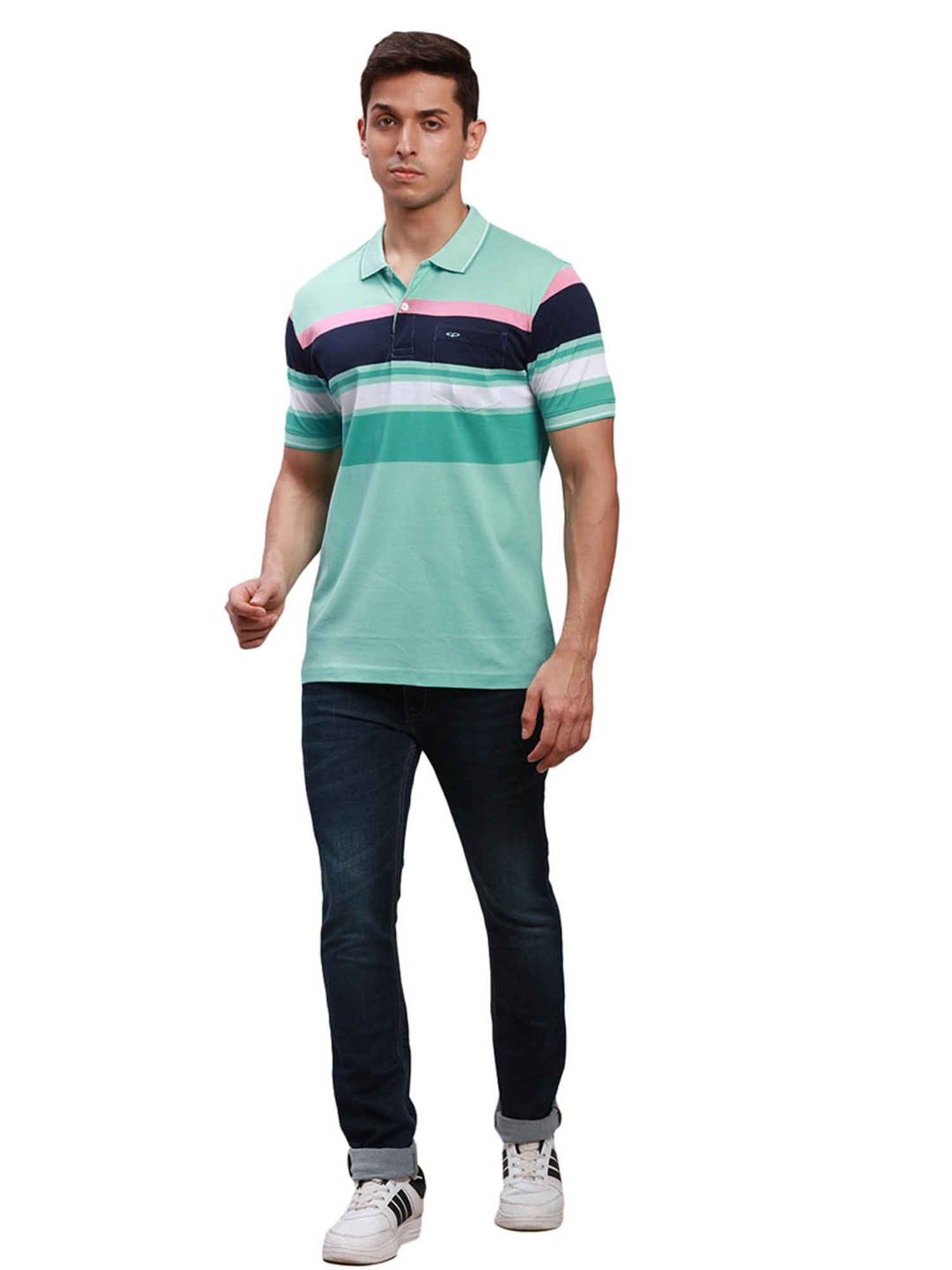 ColorPlus Blue Cotton Tailored Fit Striped Polo T-Shirt