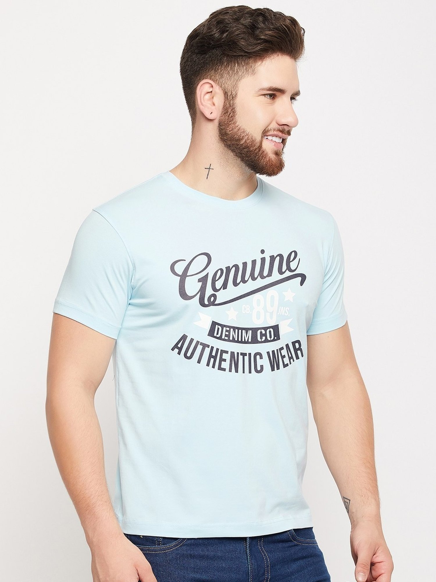 Cantabil Sky Blue Regular Fit Printed T-Shirt