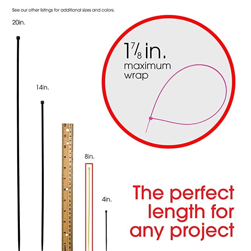 Neon Cable Ties 8Inch Long Multipurpose 100Pack Nylon Plastic Zip Tie 1 78Inch Maximum Diameter Durable SelfLocking Assorted 50296 8 Inch