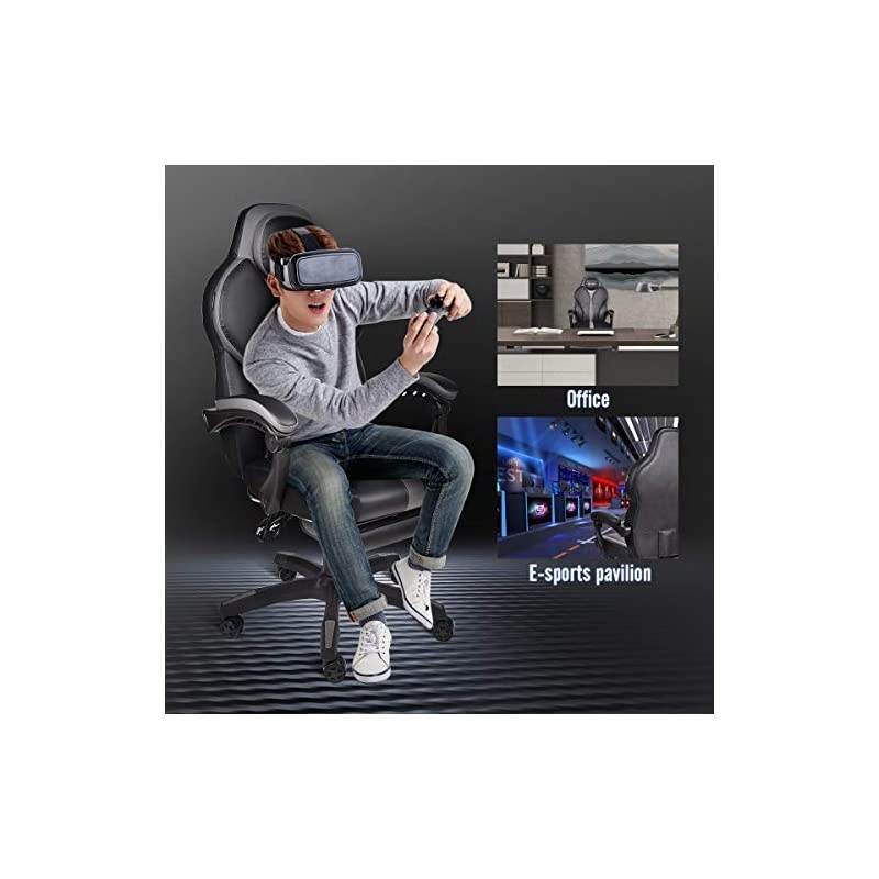 Gaming Chair Ergonomic High Back Racing Style with Adjustable Armrest and Retractible Footrest PU Leather Back Recliner Swivel Rocker Office Chair(2020) Gray