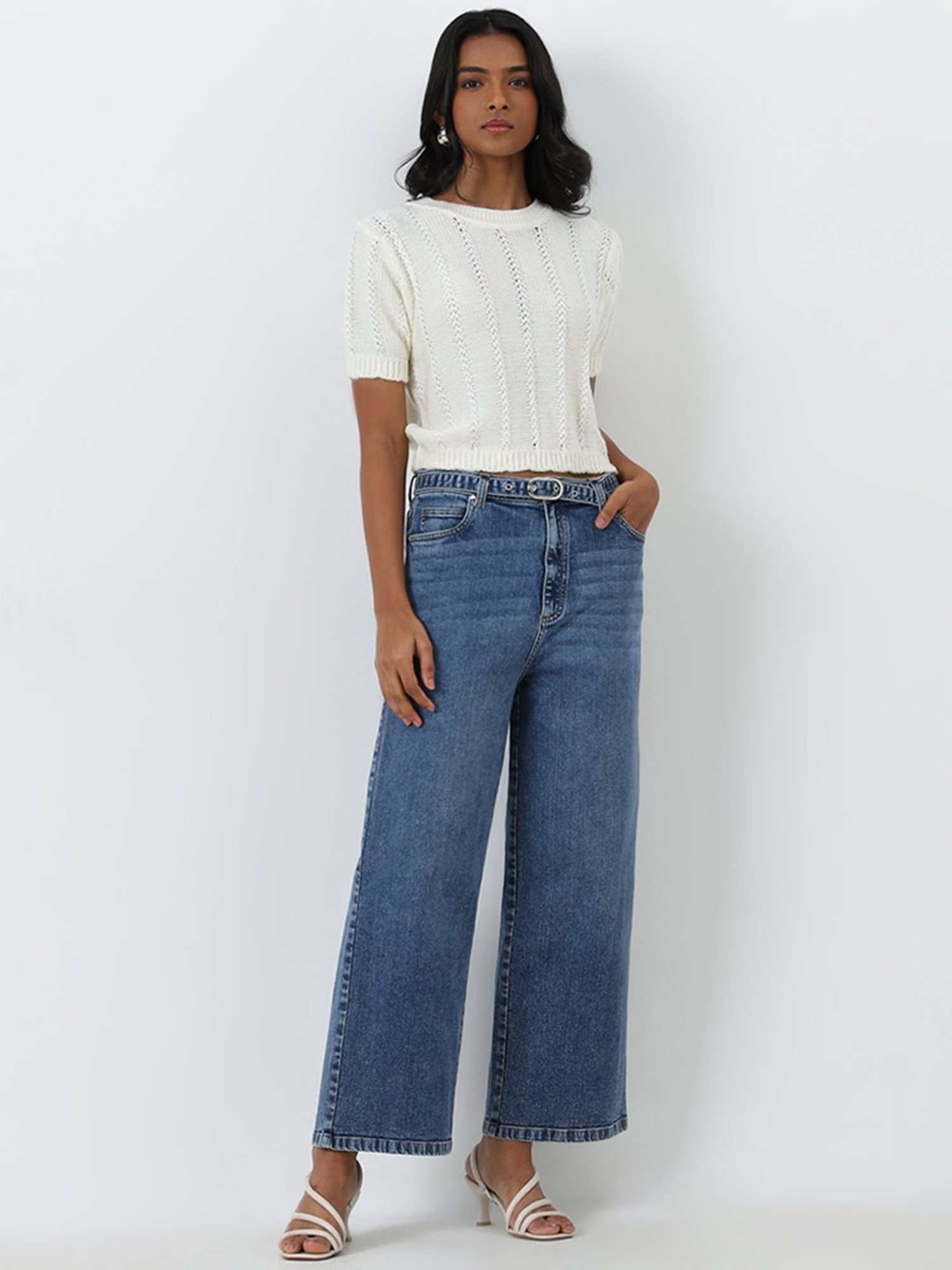 LOV by Westside Blue Washed Straight-Fit High-Rise Jeans with Belt