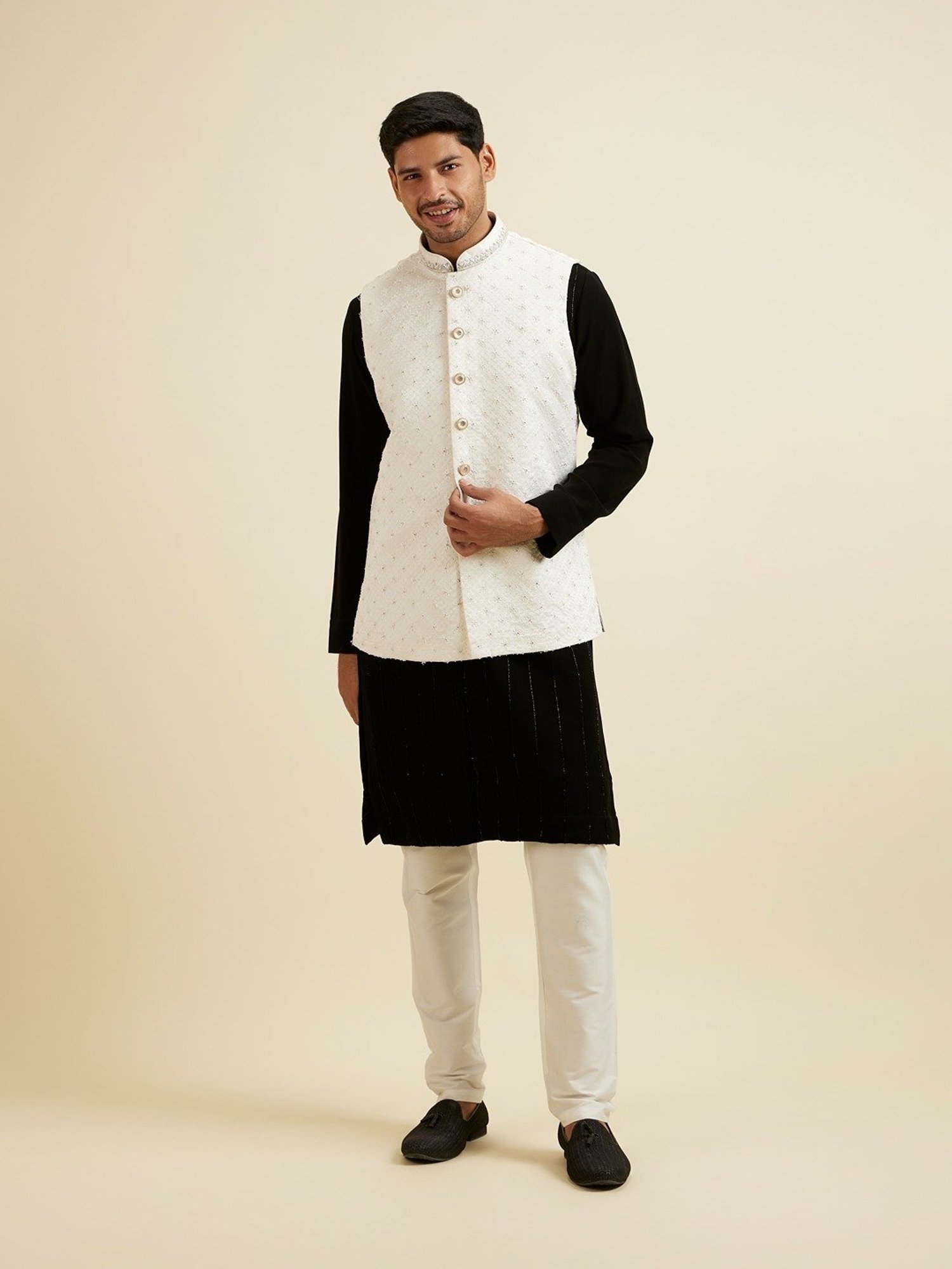 Manyavar White Regular Fit Embellished Nehru Jacket