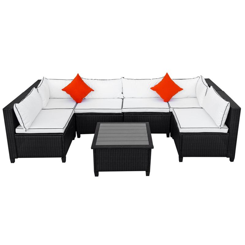 7pc Patio Rattan Wicker U-Shaped Sectional with Cushions & Pillows - Beige - Art Leon