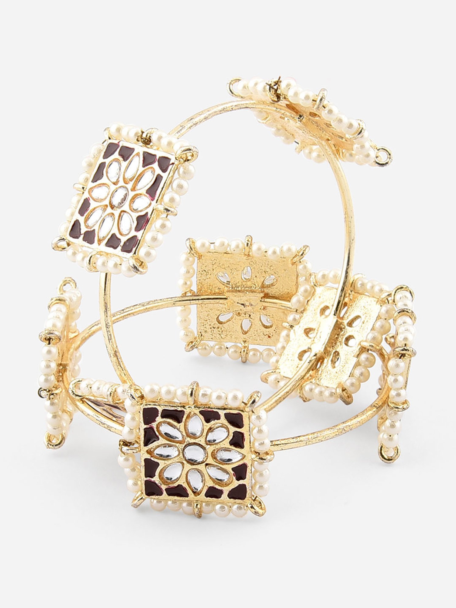 Fida Maroon Enamelled Kundan Beads Gold-Plated Square Bangles for Women - Set of 2