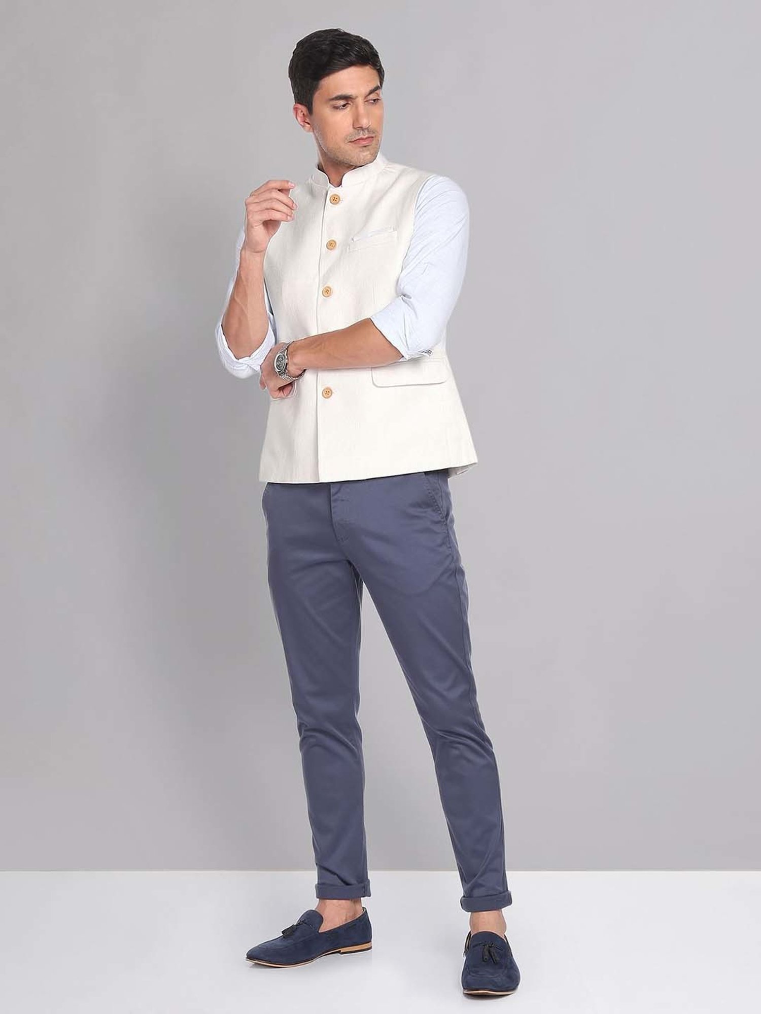 AD by Arvind White Mandarin Collar Self Design Nehru Jacket