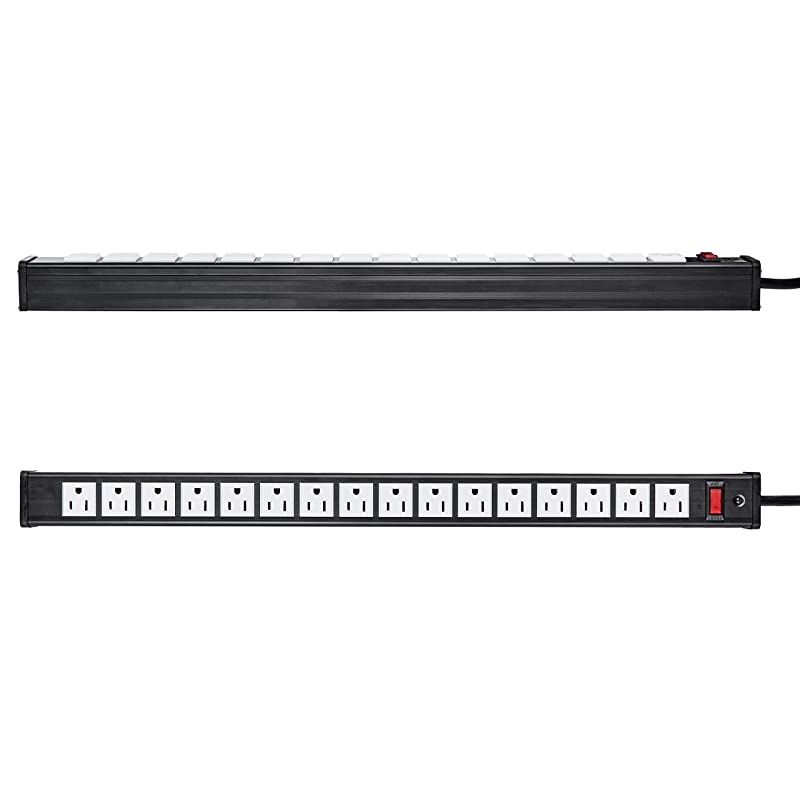 Rack Mount Power Outlet 16 Outlet Heavy Duty Aluminum Socket AntiThunder Power Strip with 15Foot Extension Cord Surge Protector Duty Multi Plug Outlet with Smart Circuit Breaker White
