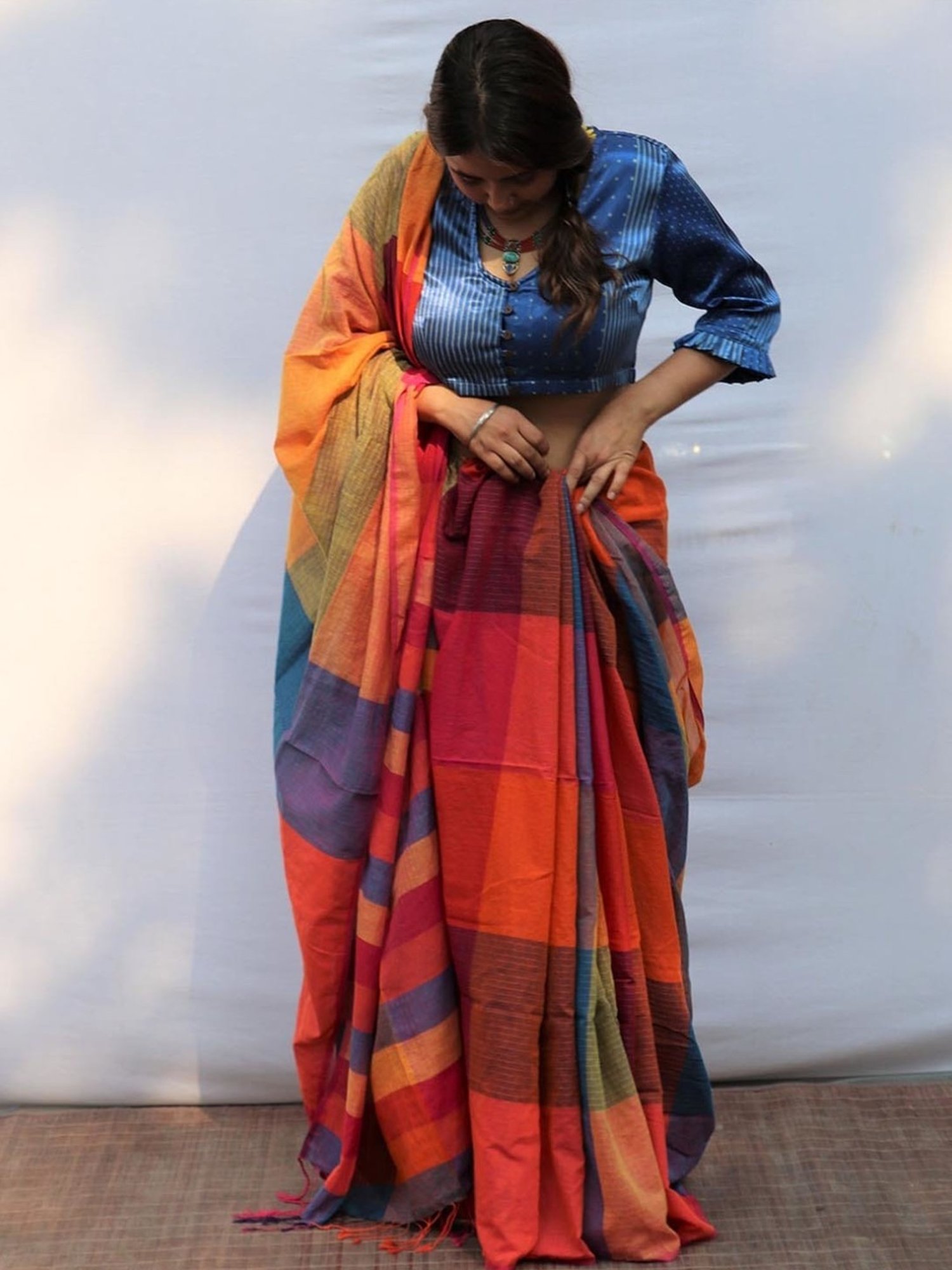 Chidiyaa Blue Satrangi Rainbow Razzle Hand-dyed Handwoven Cotton Saree