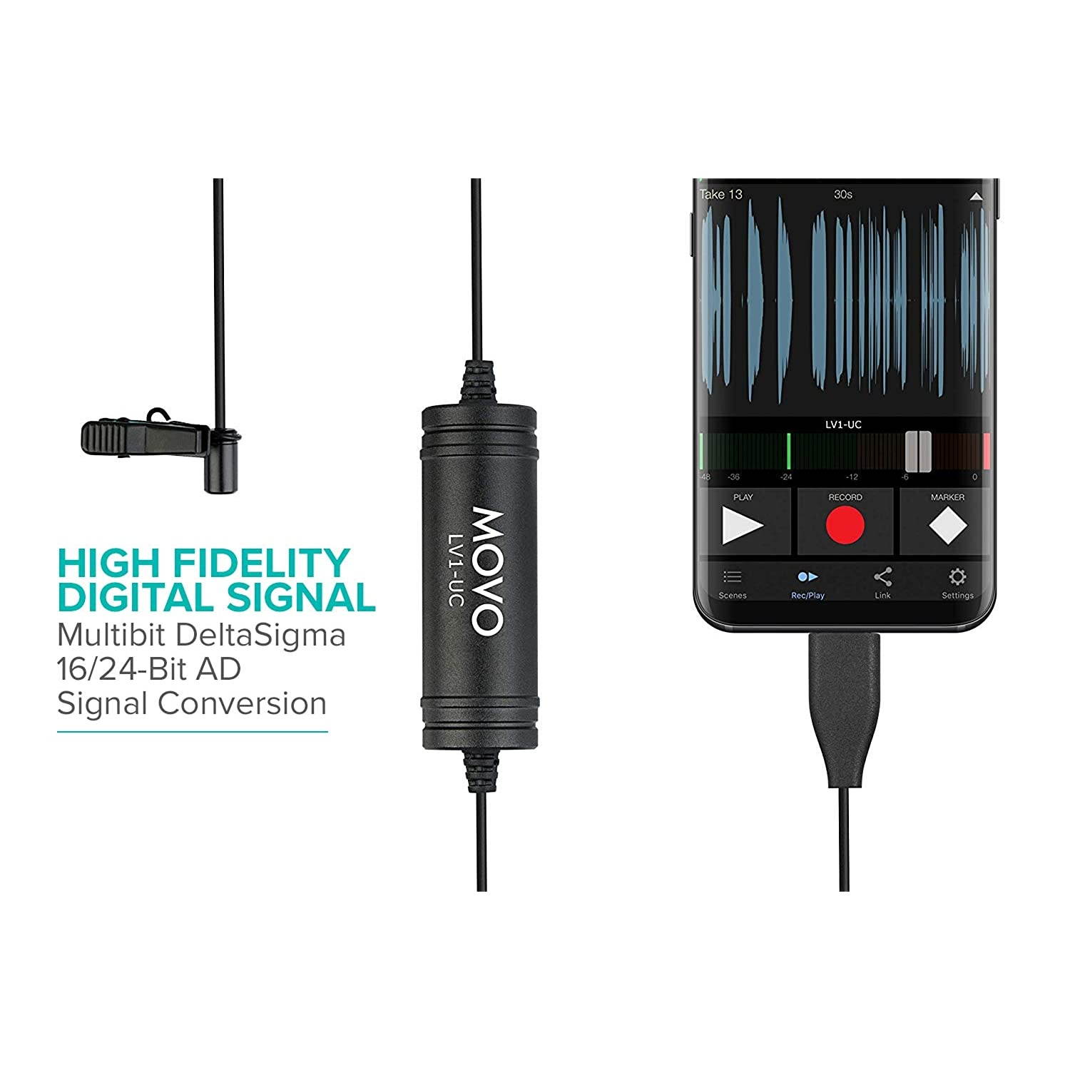 Movo LV1-UC Digital Lavalier Omnidirectional Clip-on Microphone with USB Type-C Connector Compatible with iPad Pro, Samsung Galaxy, LG, HTC Google Pixel, Google Nexus, Other USB-C Type Smartphones